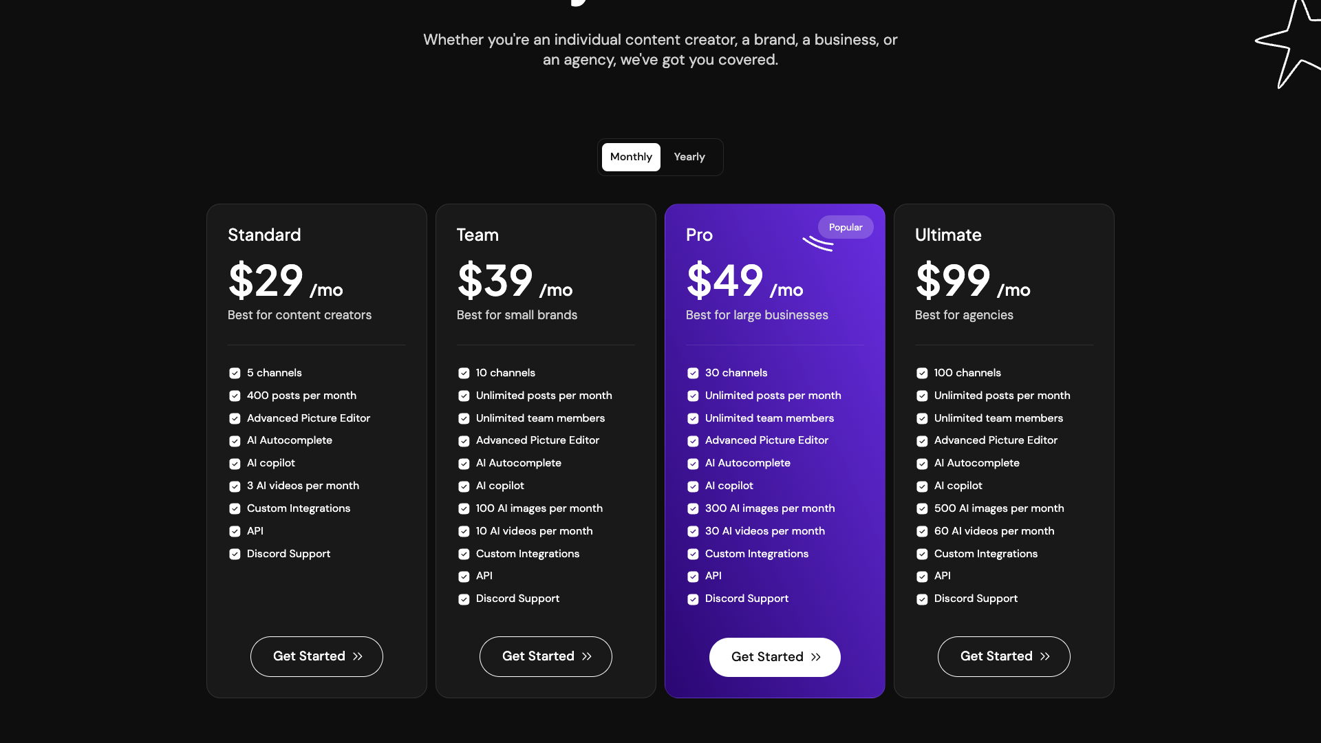 Pricing page showing different plans for Postiz