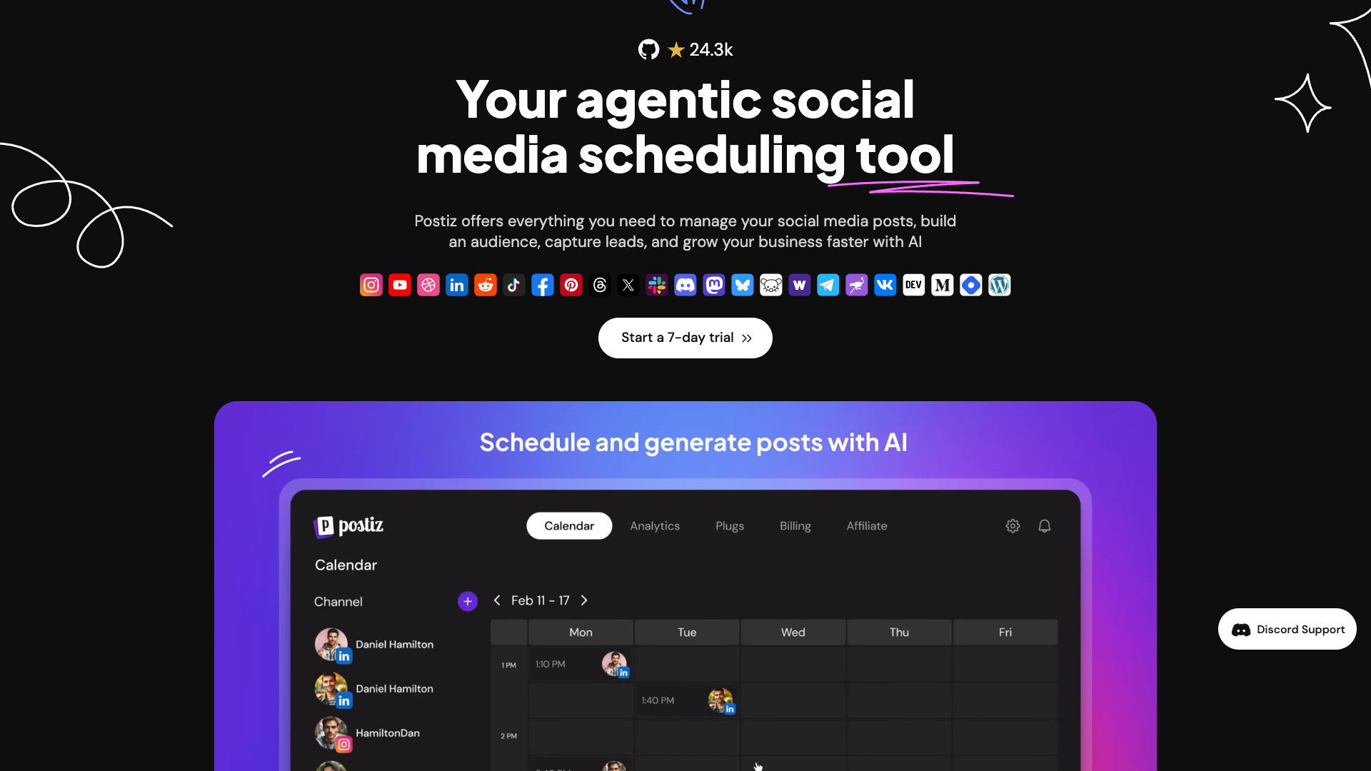 Hero section of Postiz homepage highlighting its features and AI support