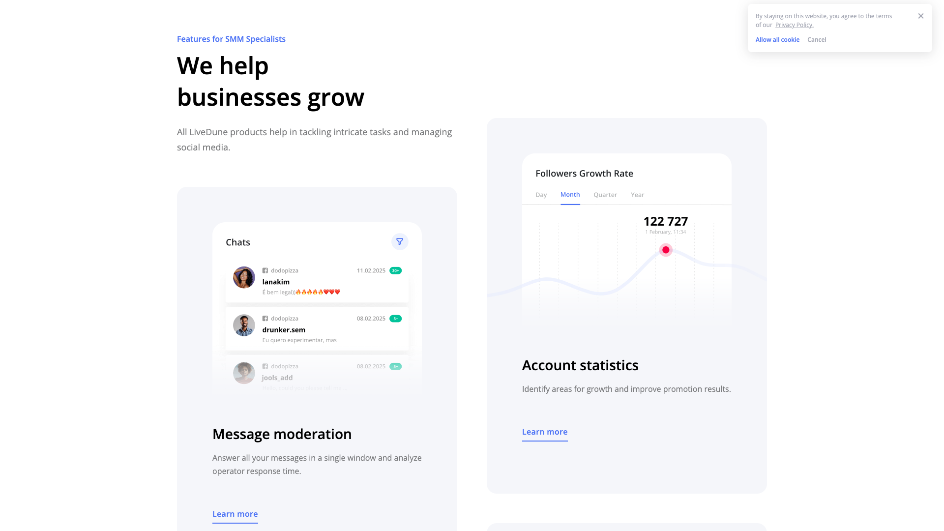 Features section on homepage detailing analytics and tools