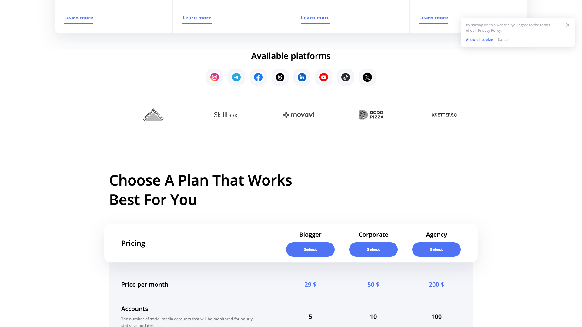Pricing page showing subscription plans for LiveDune