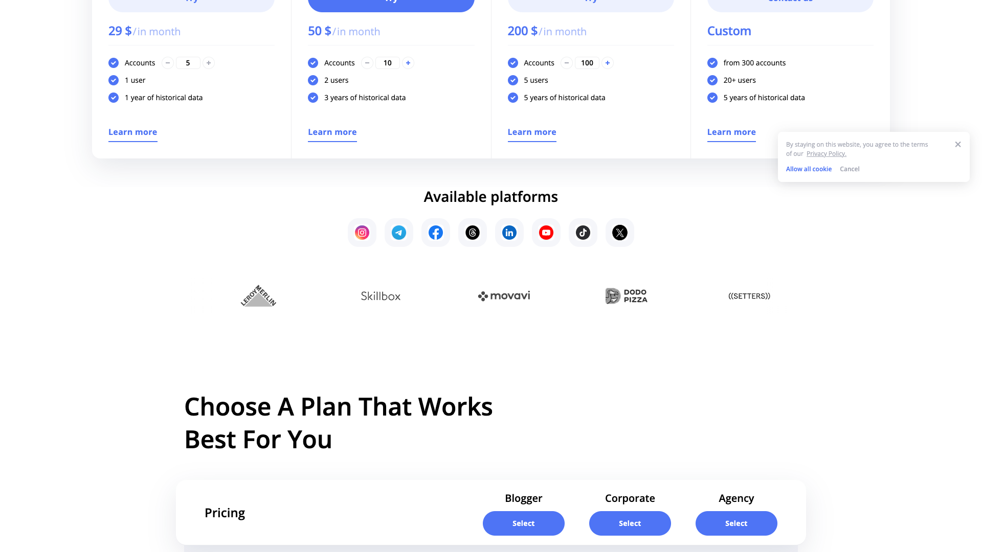 Pricing table showing plans