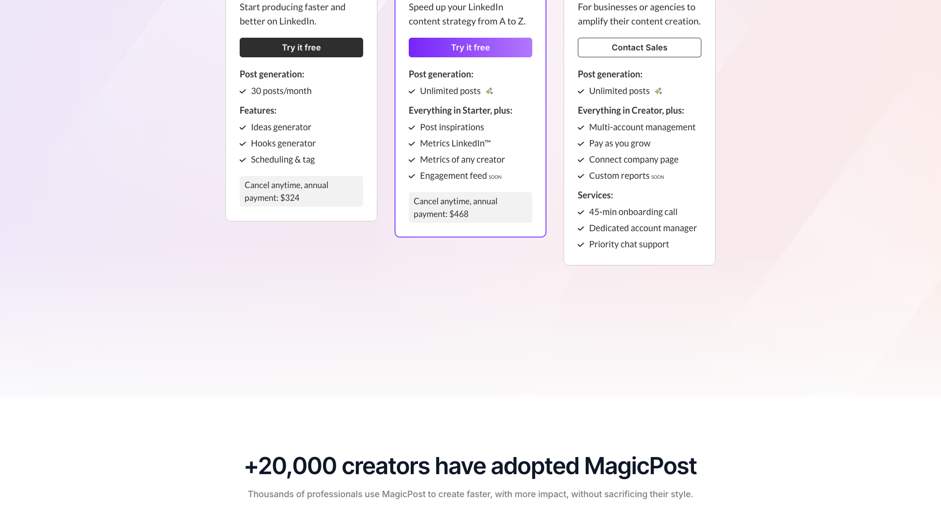 Pricing page showcasing plans and social proof
