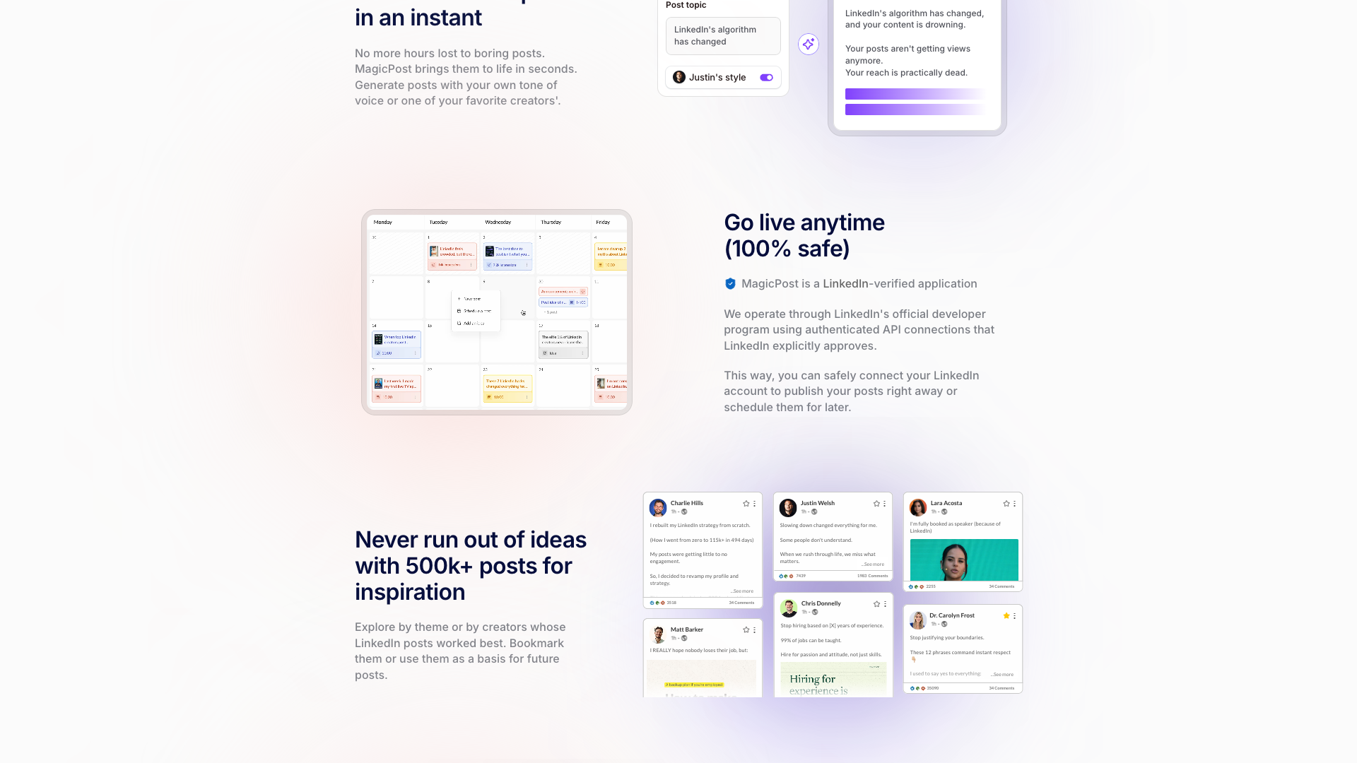 Features section on homepage highlighting AI post generation and editing tools