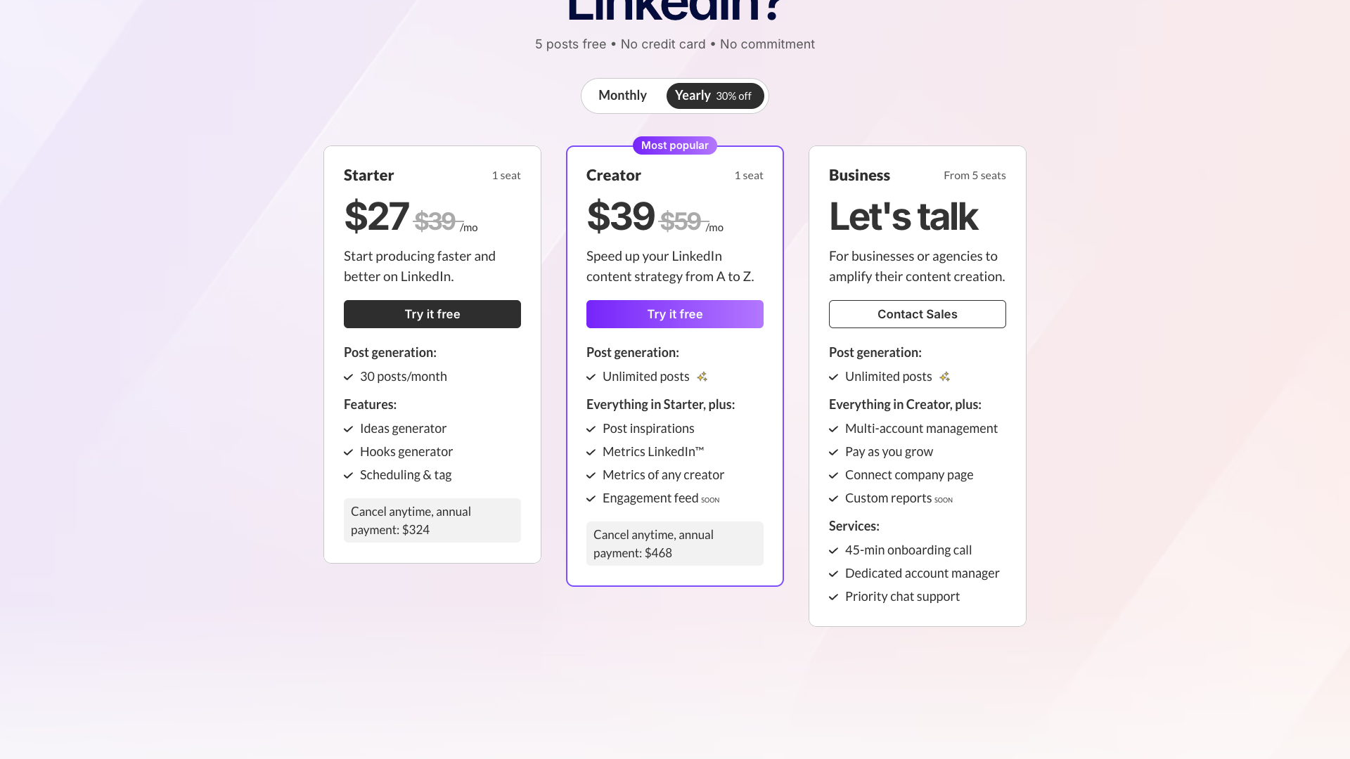 Pricing table showing plans for MagicPost