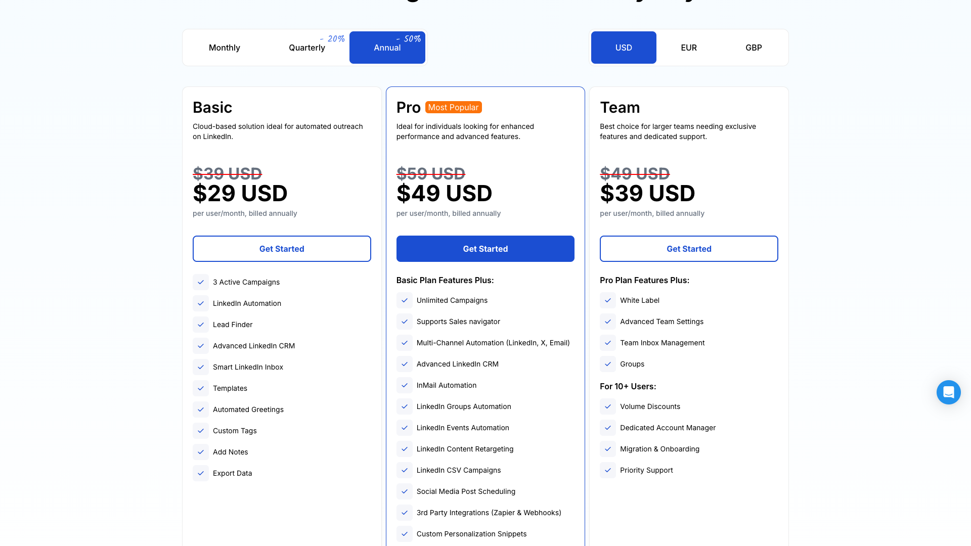 Pricing table showing plans