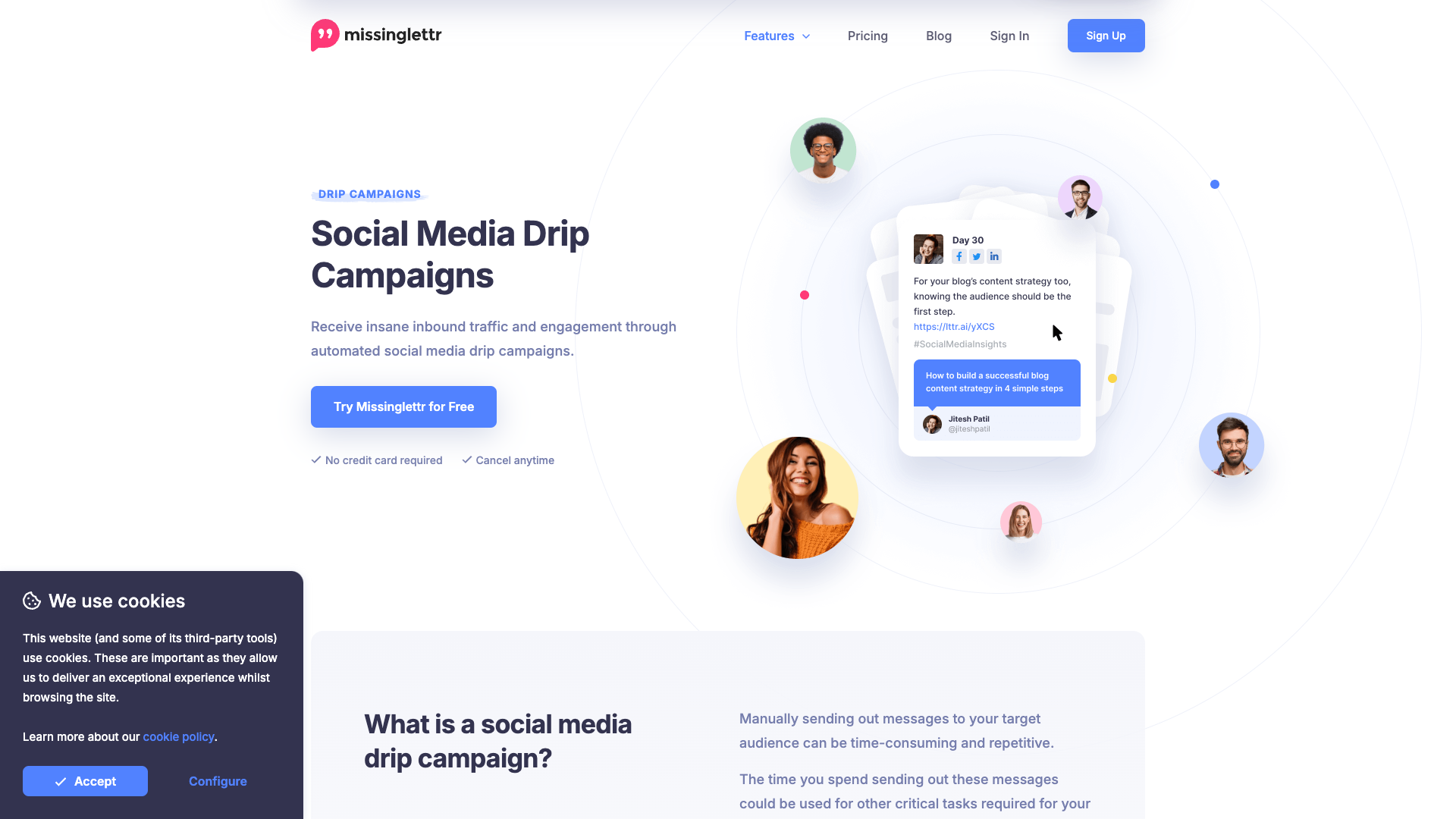 Drip Campaigns feature page highlighting automated social media campaigns