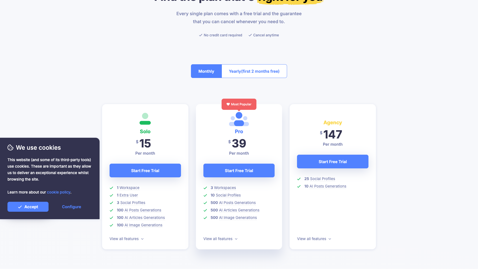 Pricing page showcasing different plans
