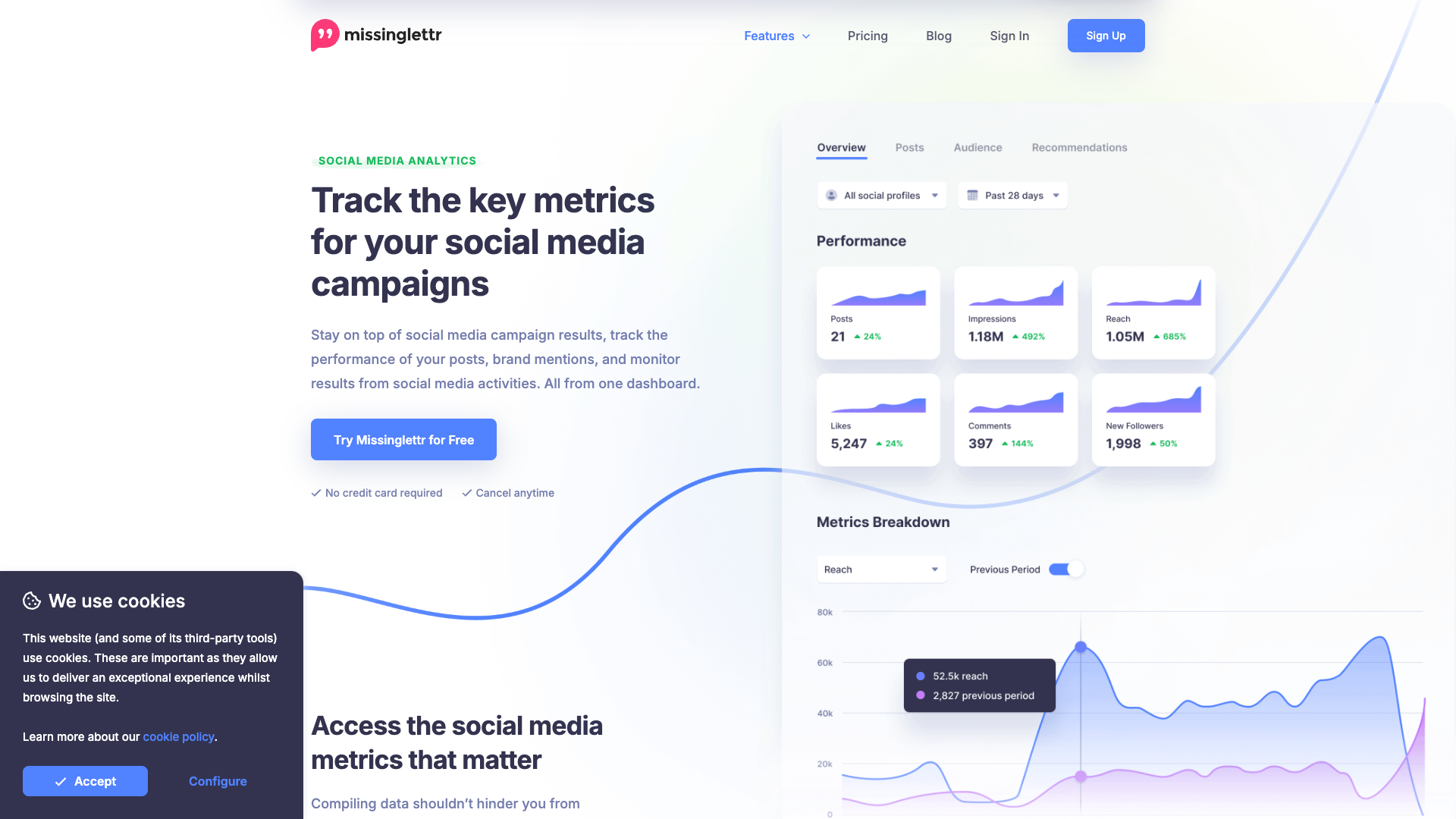 Features page detailing the analytics feature