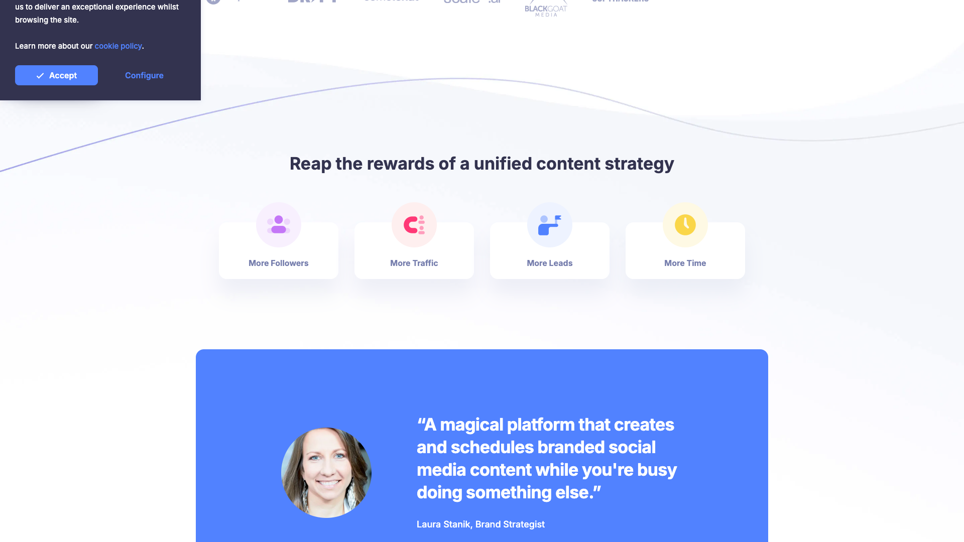 Features section on homepage highlighting the all-in-one social marketing platform