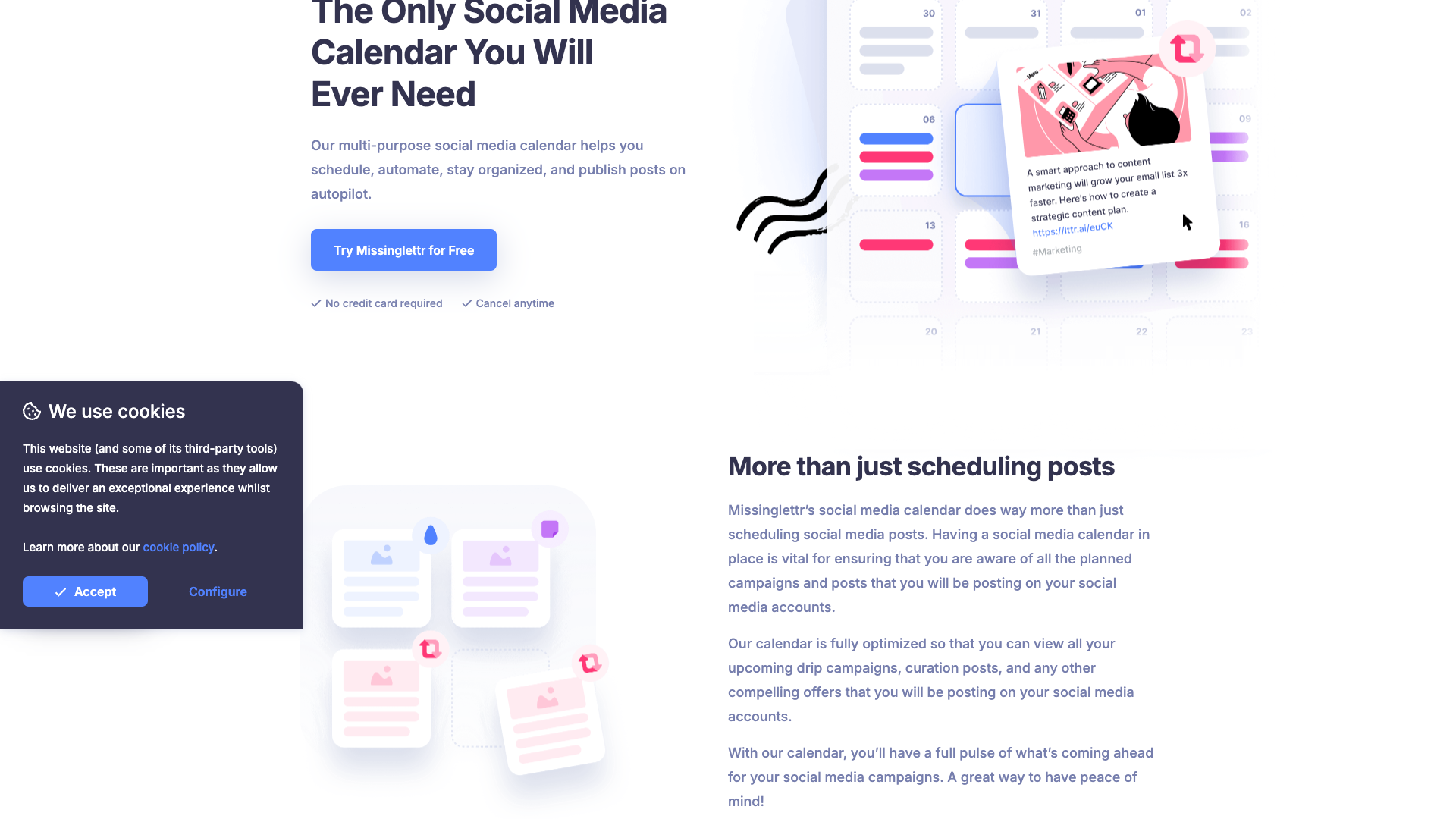 Calendar feature page showcasing the scheduling capabilities
