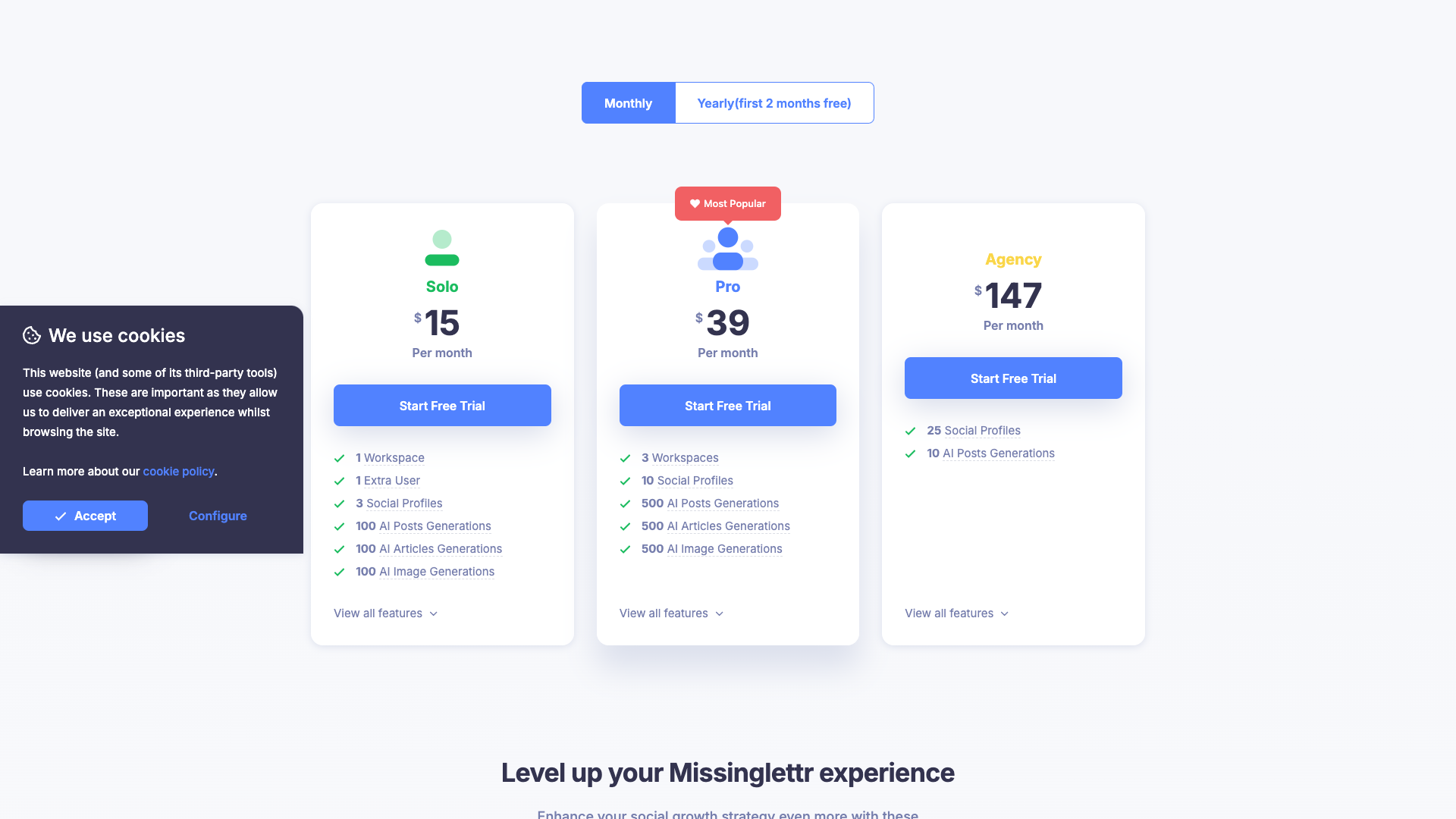 Pricing table showing plans