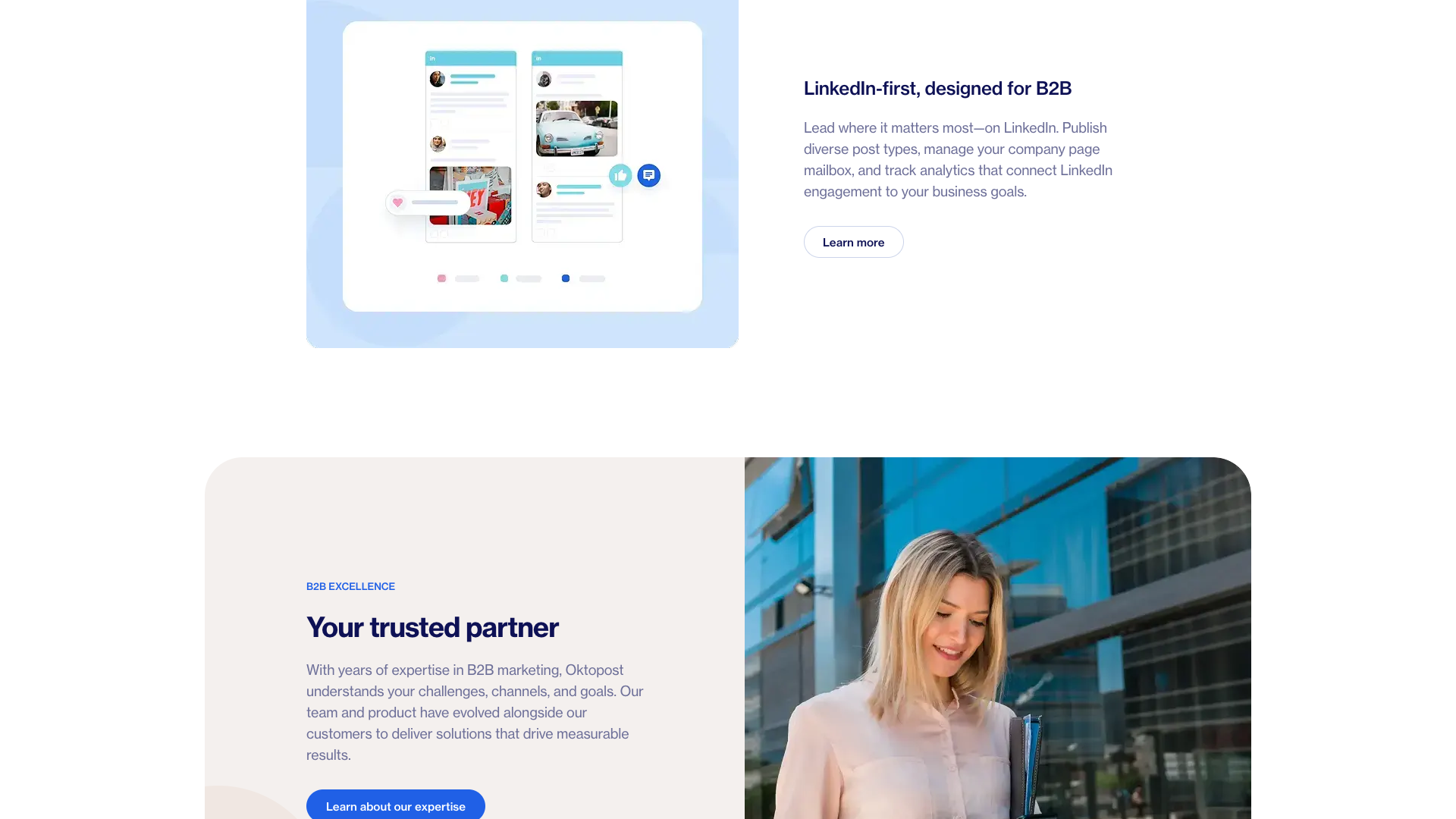 Employee advocacy section on Oktopost homepage