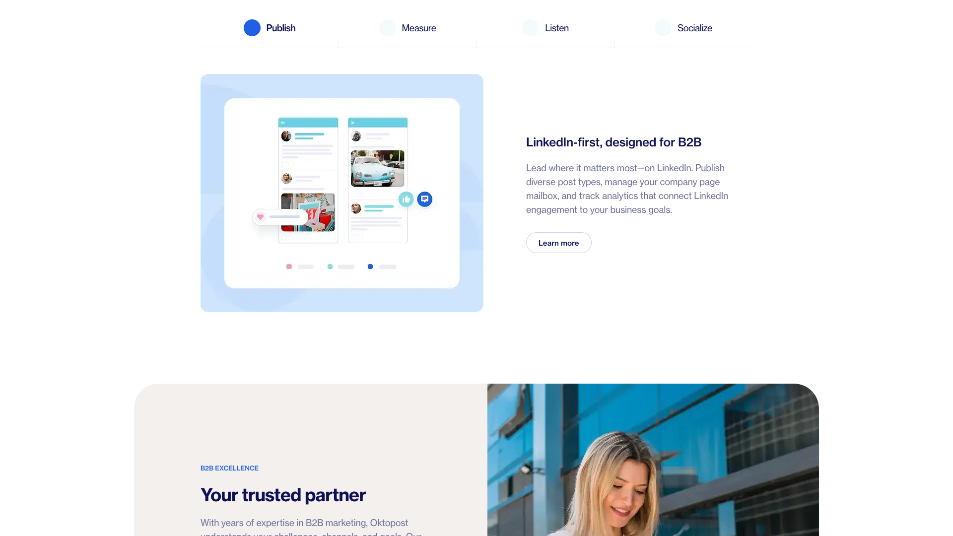 Analytics section on Oktopost's homepage highlighting data-driven insights
