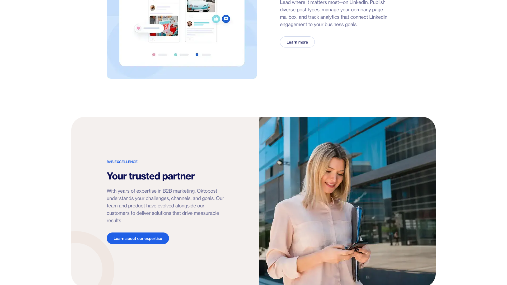 Employee advocacy solution section on Oktopost's homepage showcasing its impact