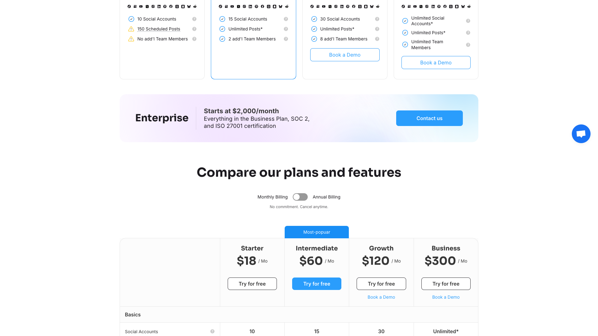Pricing table showing plans