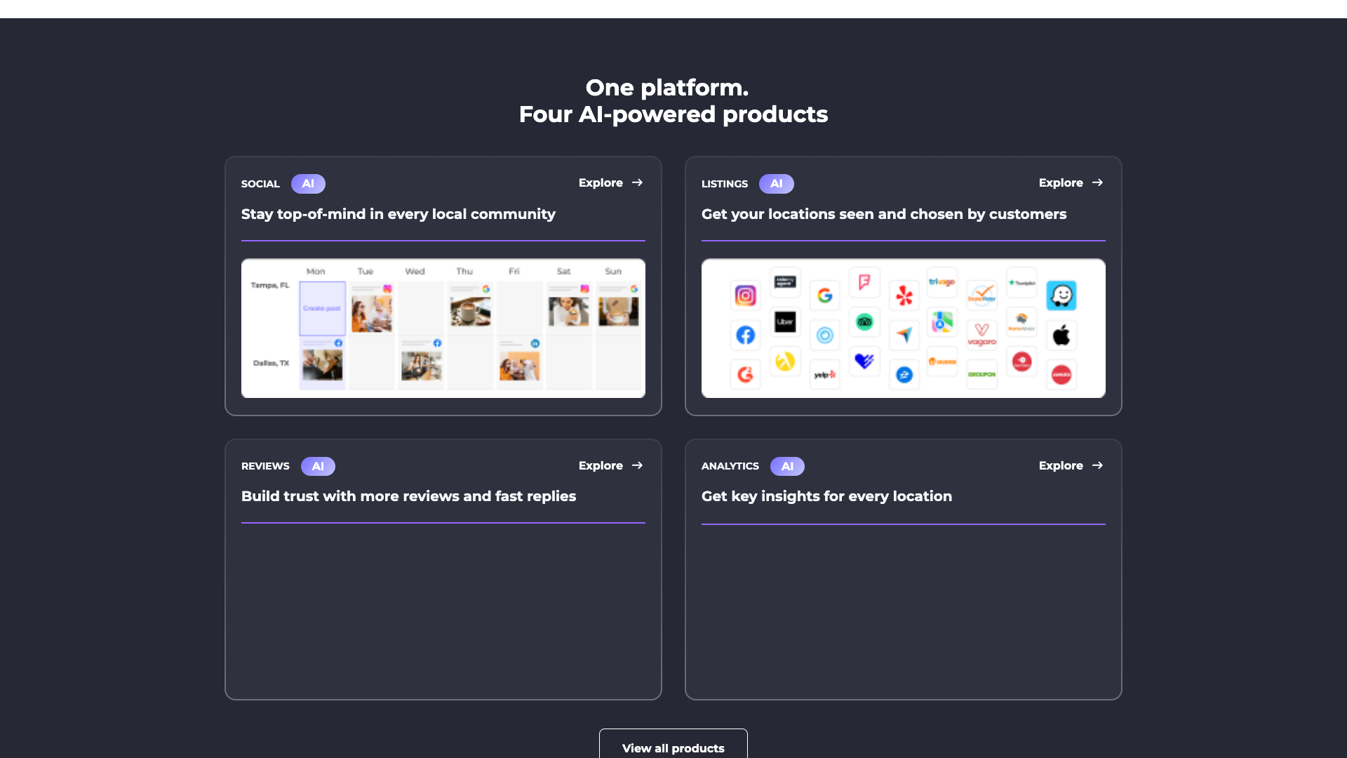 Core product pillars section highlighting Social AI, Listings AI, Reviews AI, and Analytics AI