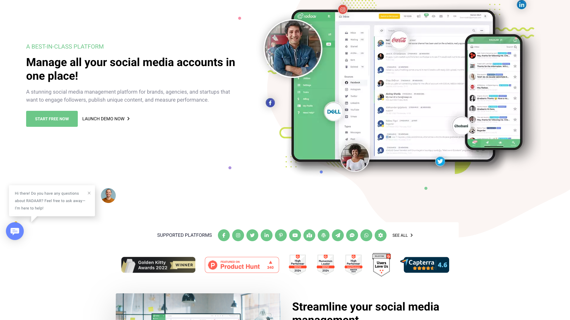Features section on homepage highlighting social media management capabilities