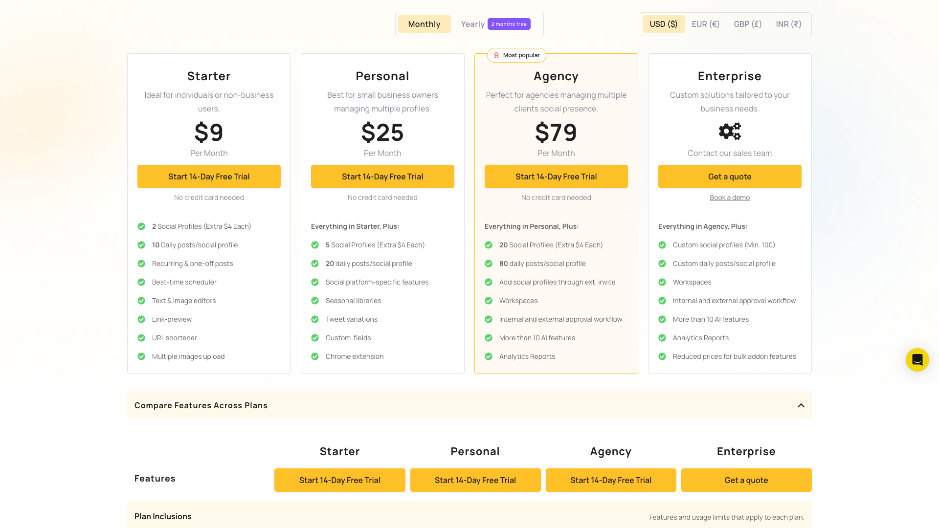 Pricing page showing different plans available