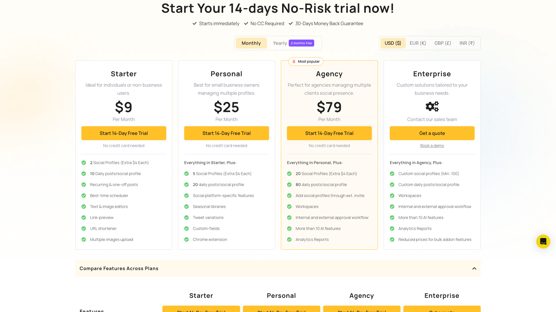 Pricing page showing different plans for RecurPost