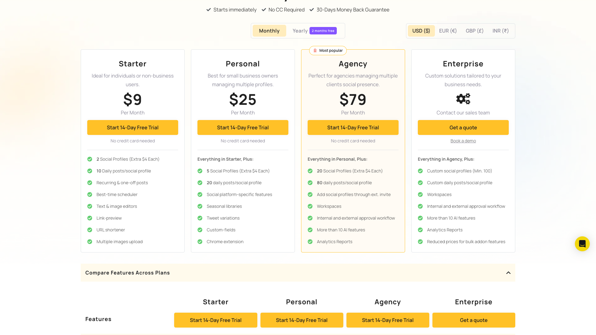 Pricing table showing plans