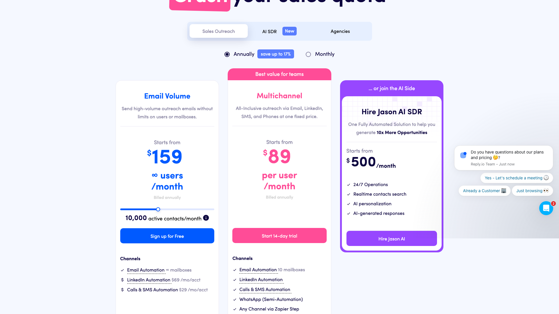 Pricing page showing different plans for the Reply.io platform