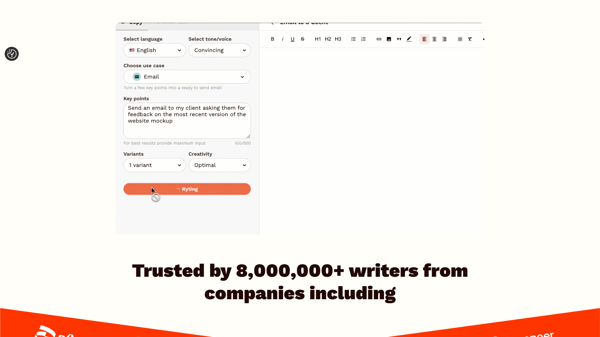 Features section on homepage highlighting AI writing assistant capabilities