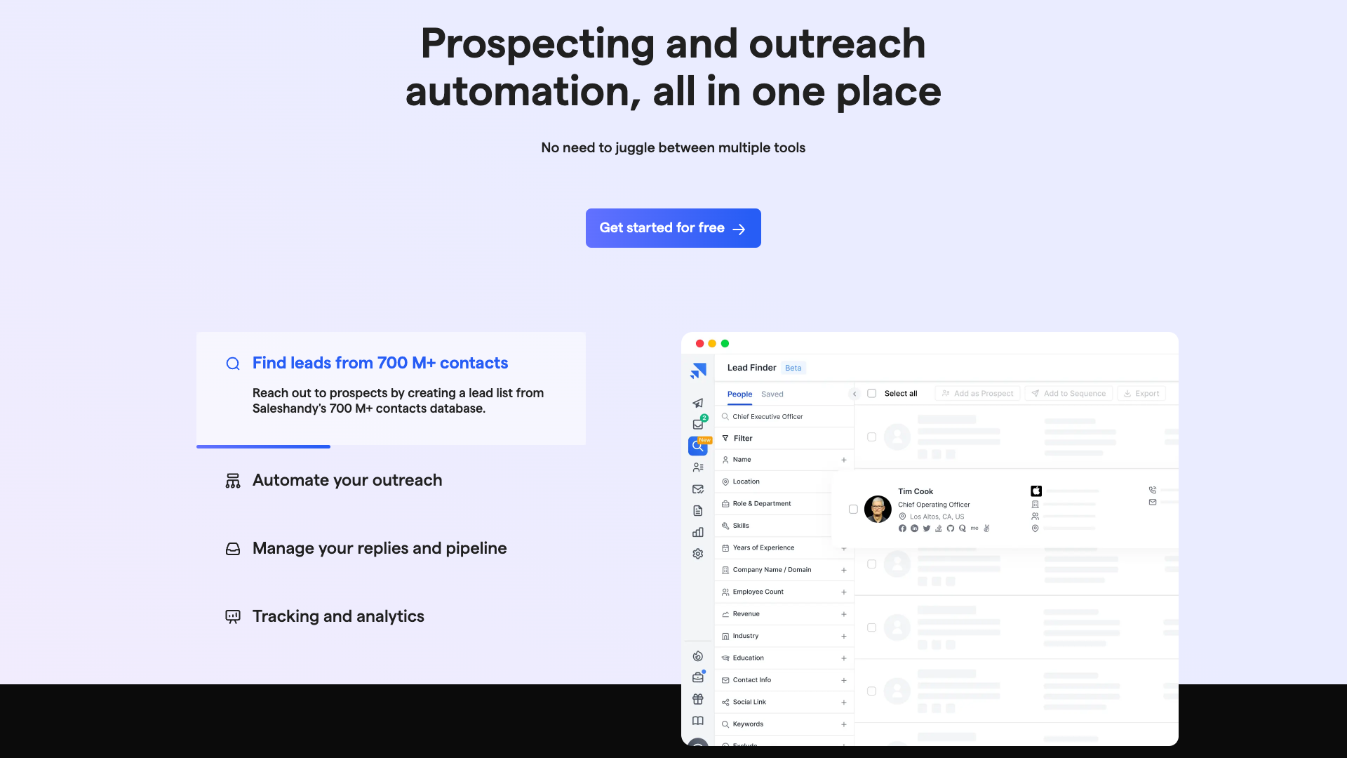 Core value proposition section on homepage emphasizing centralized prospecting and outreach