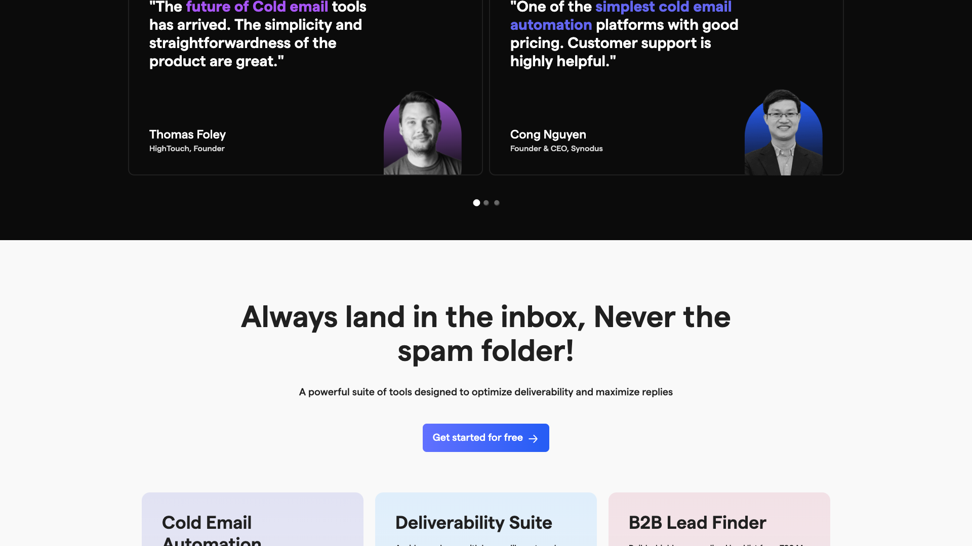 Testimonials section on homepage highlighting customer feedback