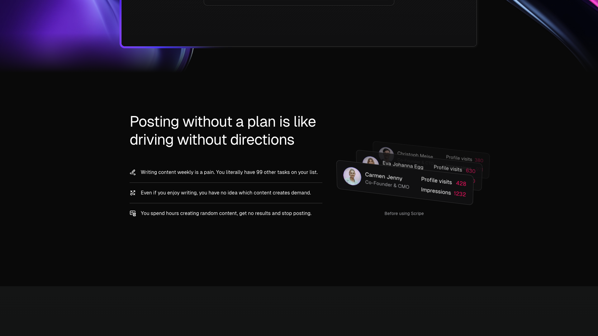 Features section on homepage highlighting Scripe's capabilities