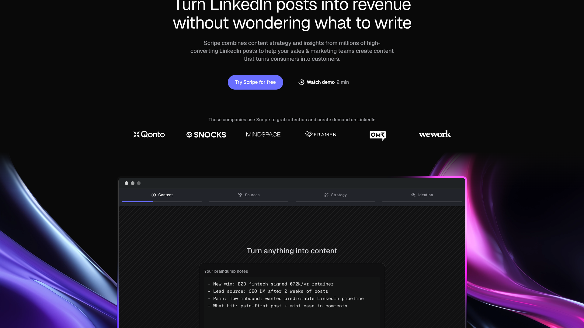 Features section on homepage highlighting Scripe's capabilities