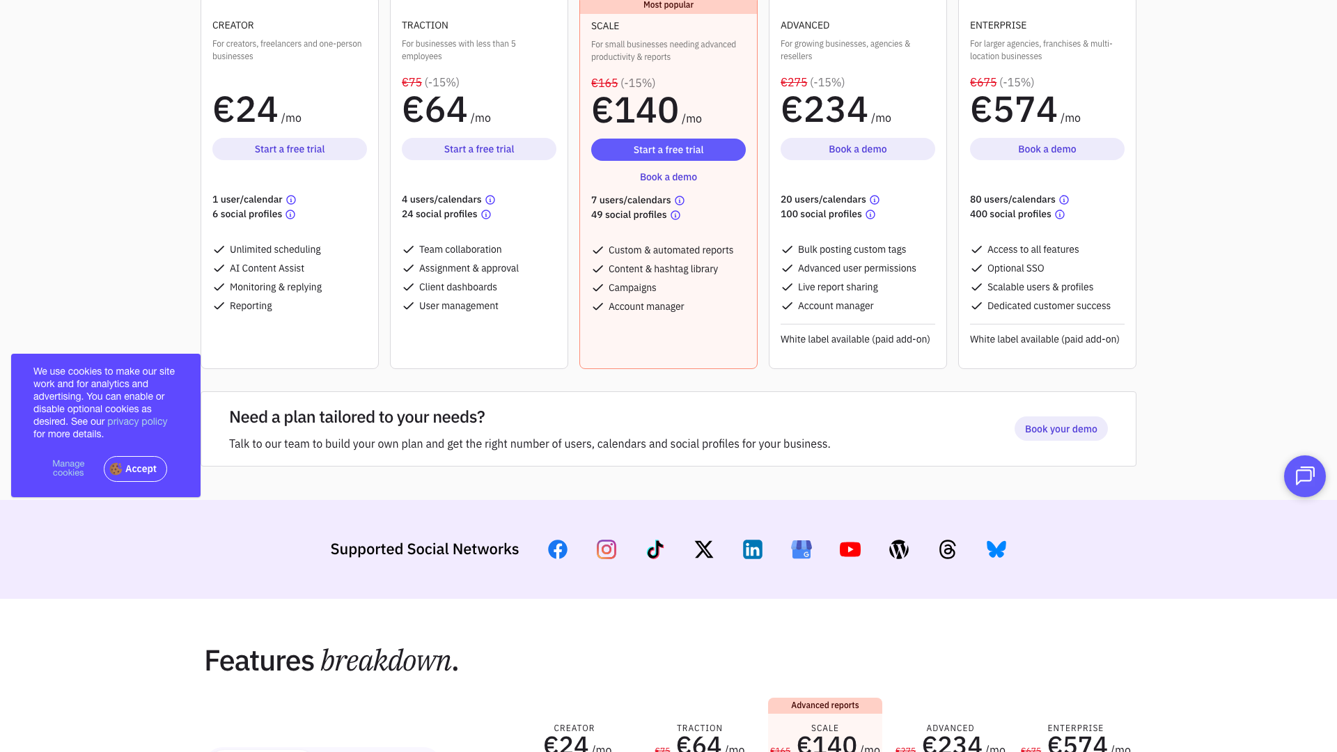 Pricing table showing plans