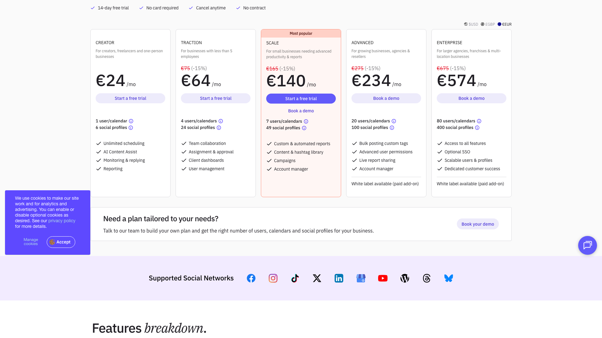Pricing table showing plans