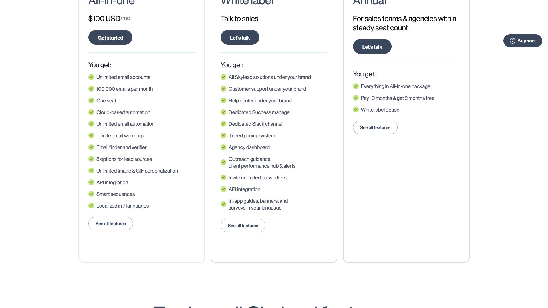 Pricing page outlining different plans and features