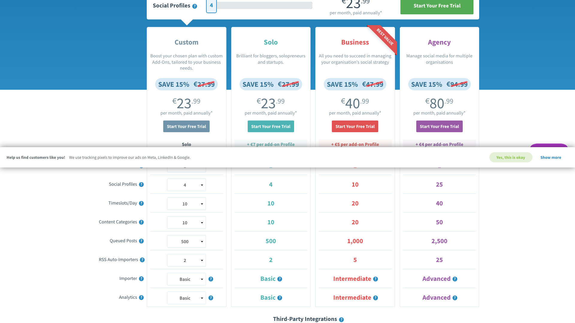 Pricing table showing plans