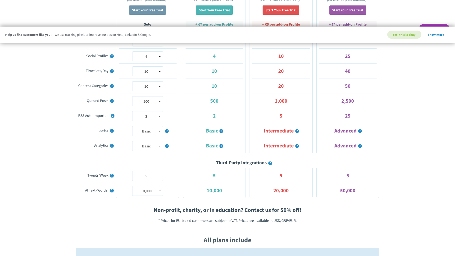 Pricing page showcasing ratings and features