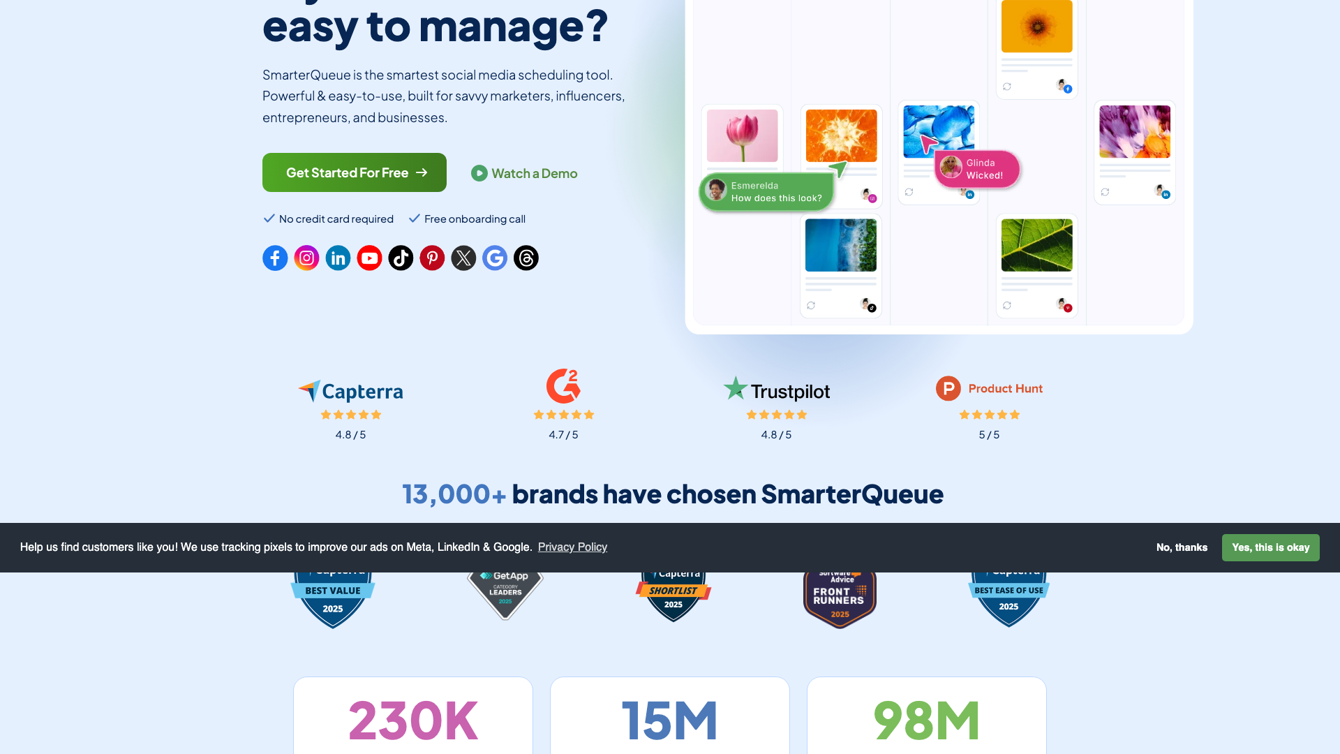 Social proof section displaying ratings and number of brands using SmarterQueue