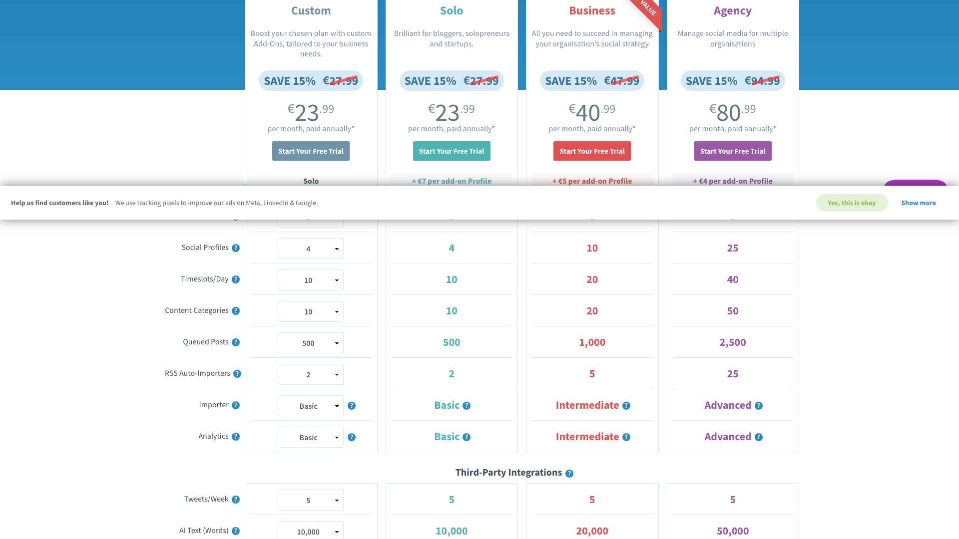 Pricing table showing plans