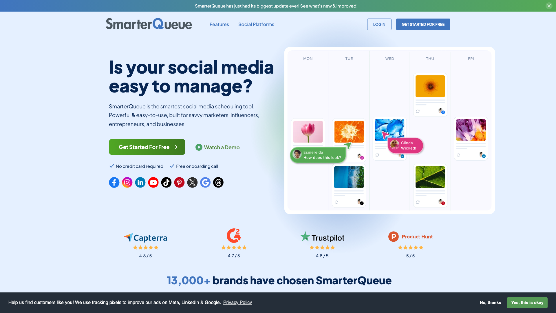 Social media monitoring features section on homepage