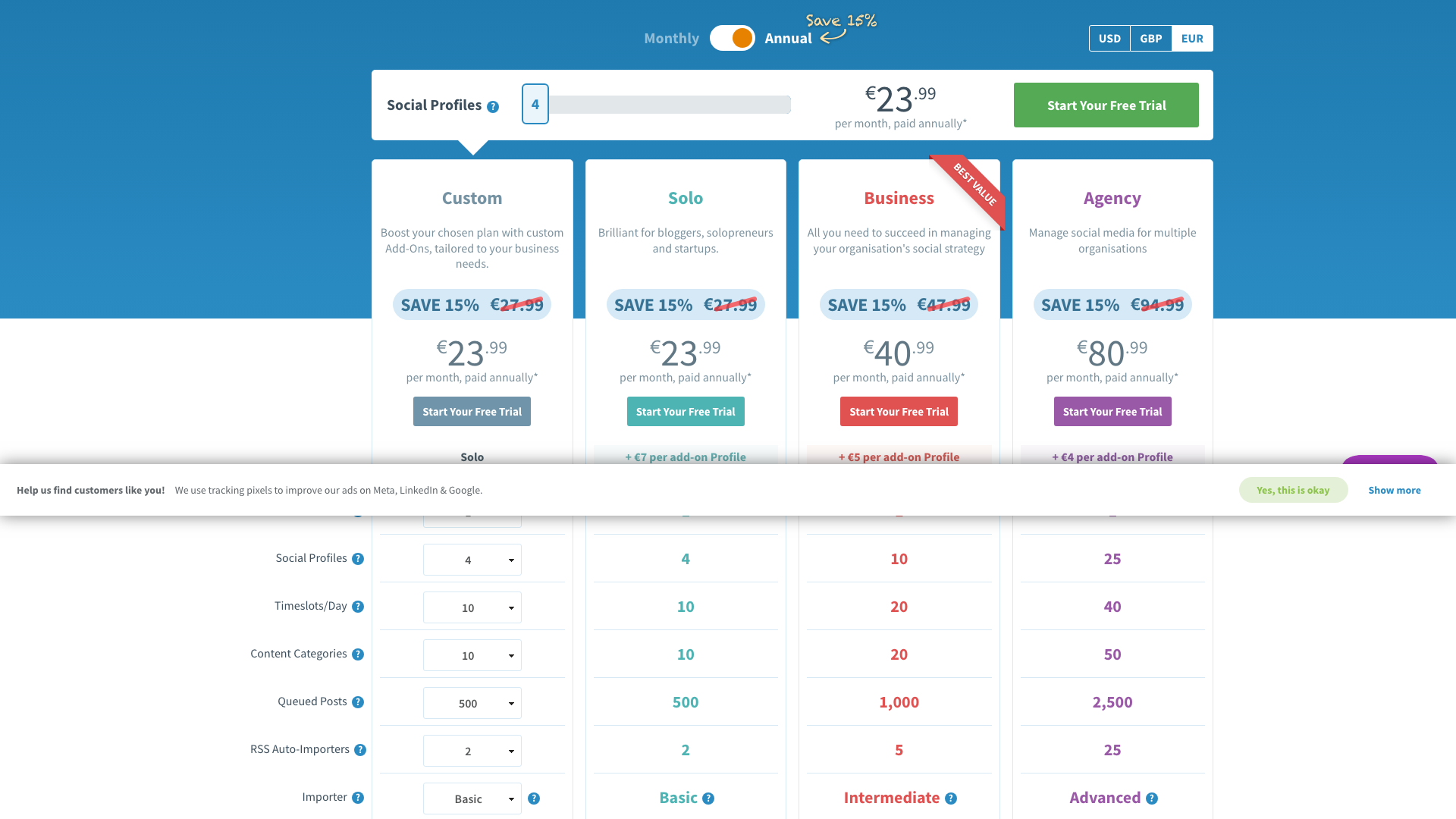 Pricing page showing different plans for SmarterQueue