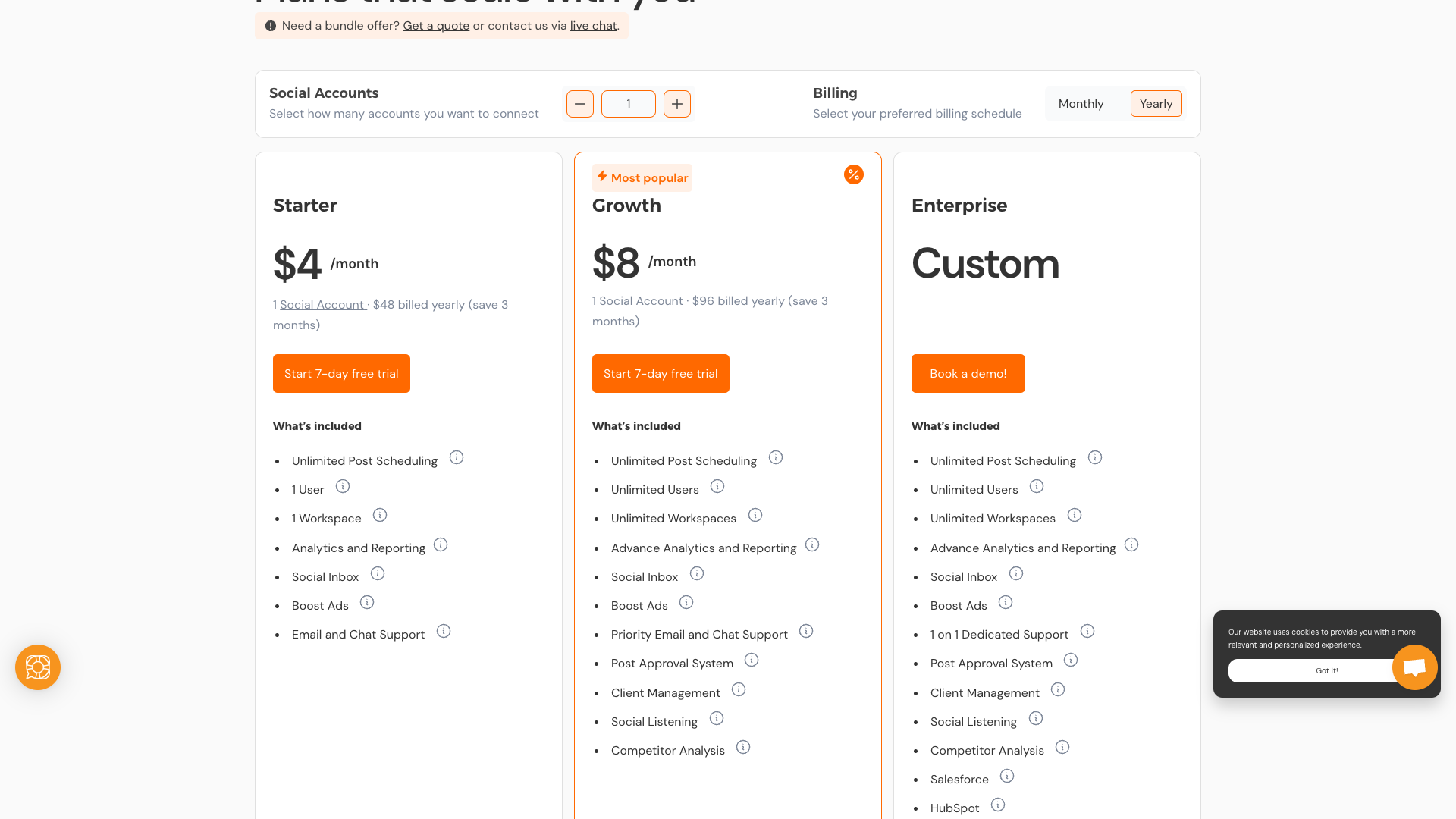 Pricing table showing plans for Social Champ