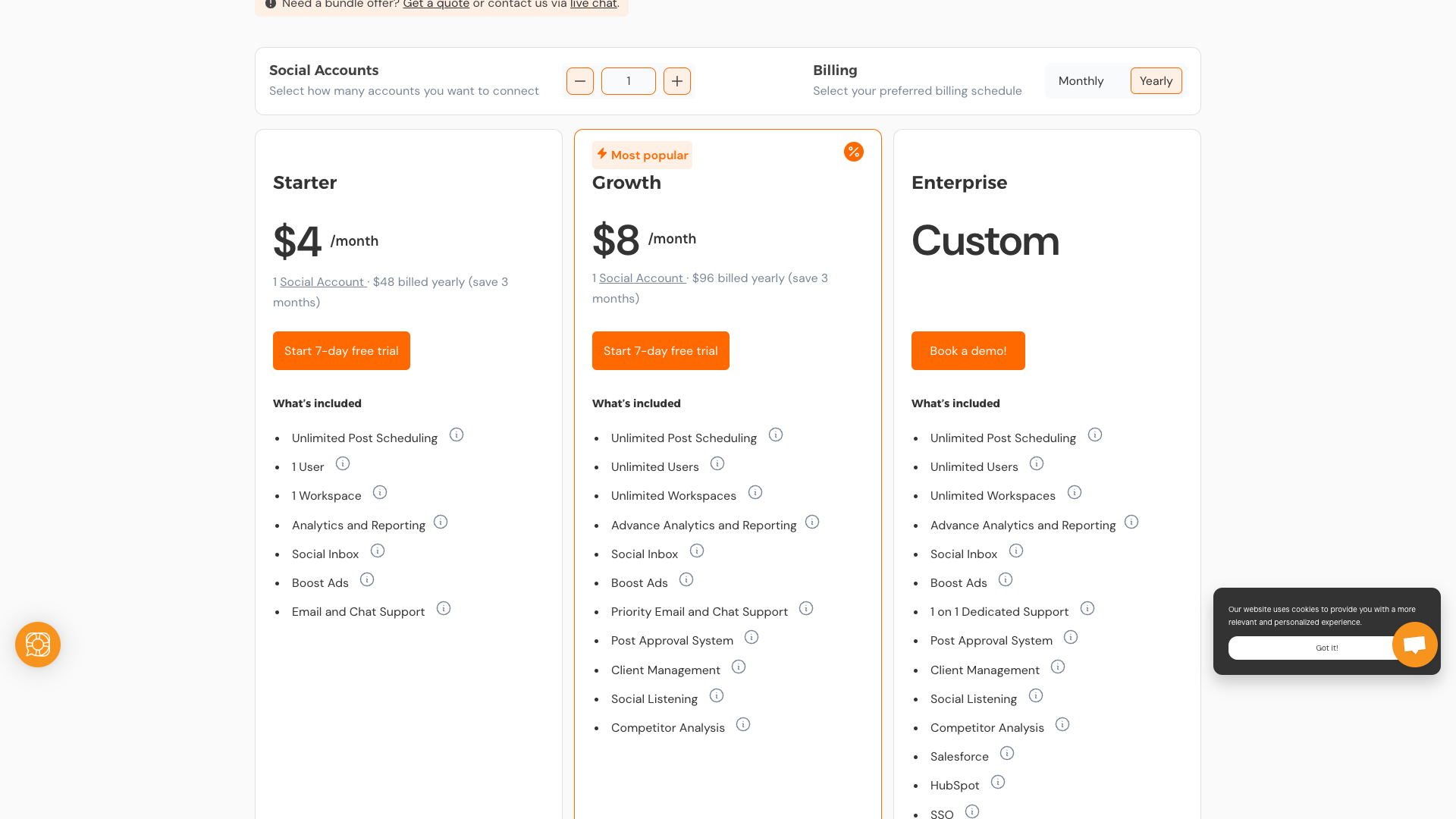Pricing table showing plans