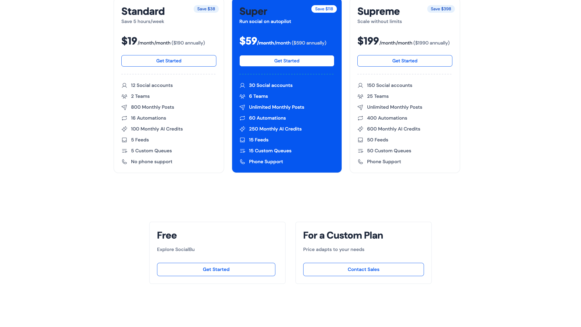 Pricing table showing plans