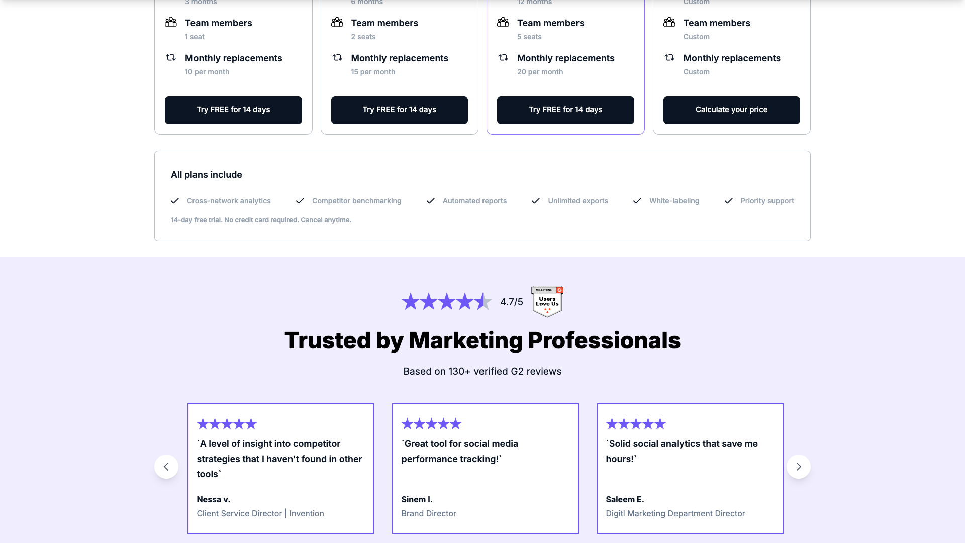 Pricing page showcasing different plans and pricing details