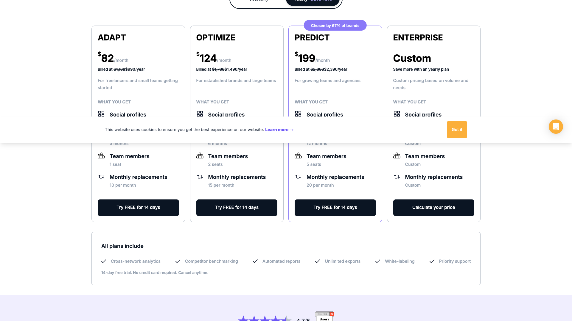 Pricing table showing plans