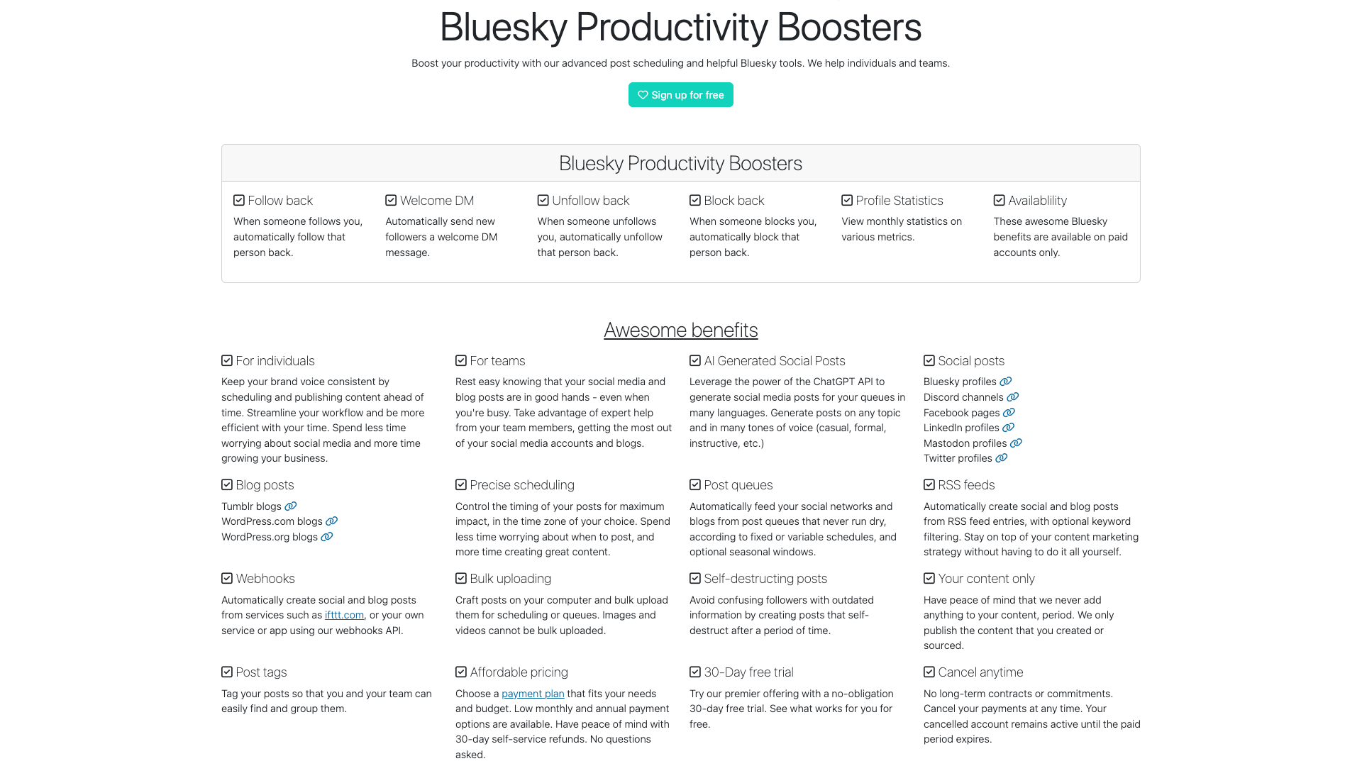 Features section on homepage highlighting social post scheduling capabilities