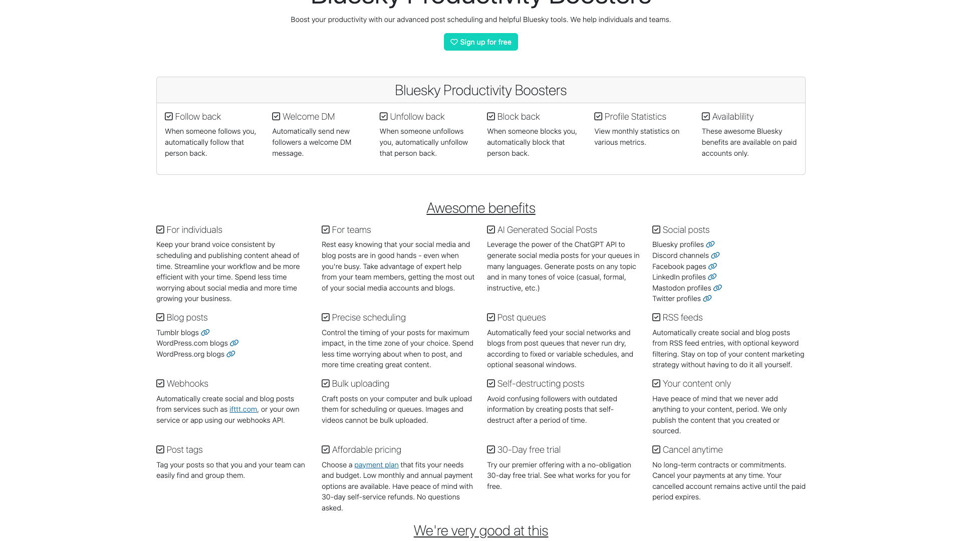Features section on homepage highlighting automation and scheduling
