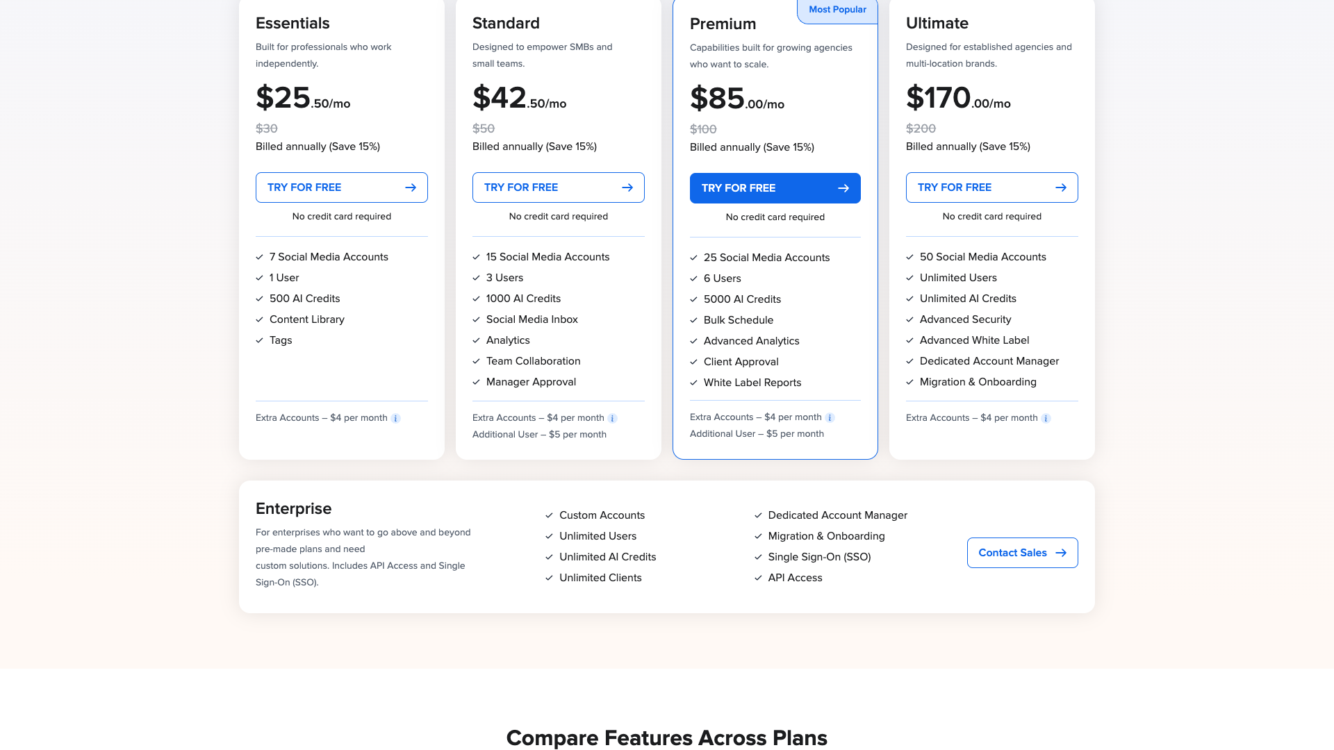 Pricing table showing plans