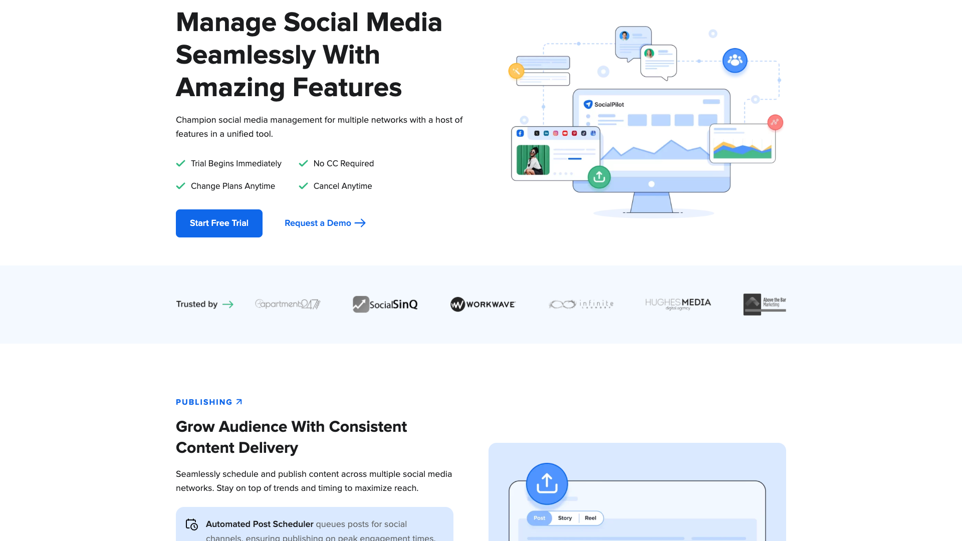 Features page detailing SocialPilot's publishing and scheduling tools