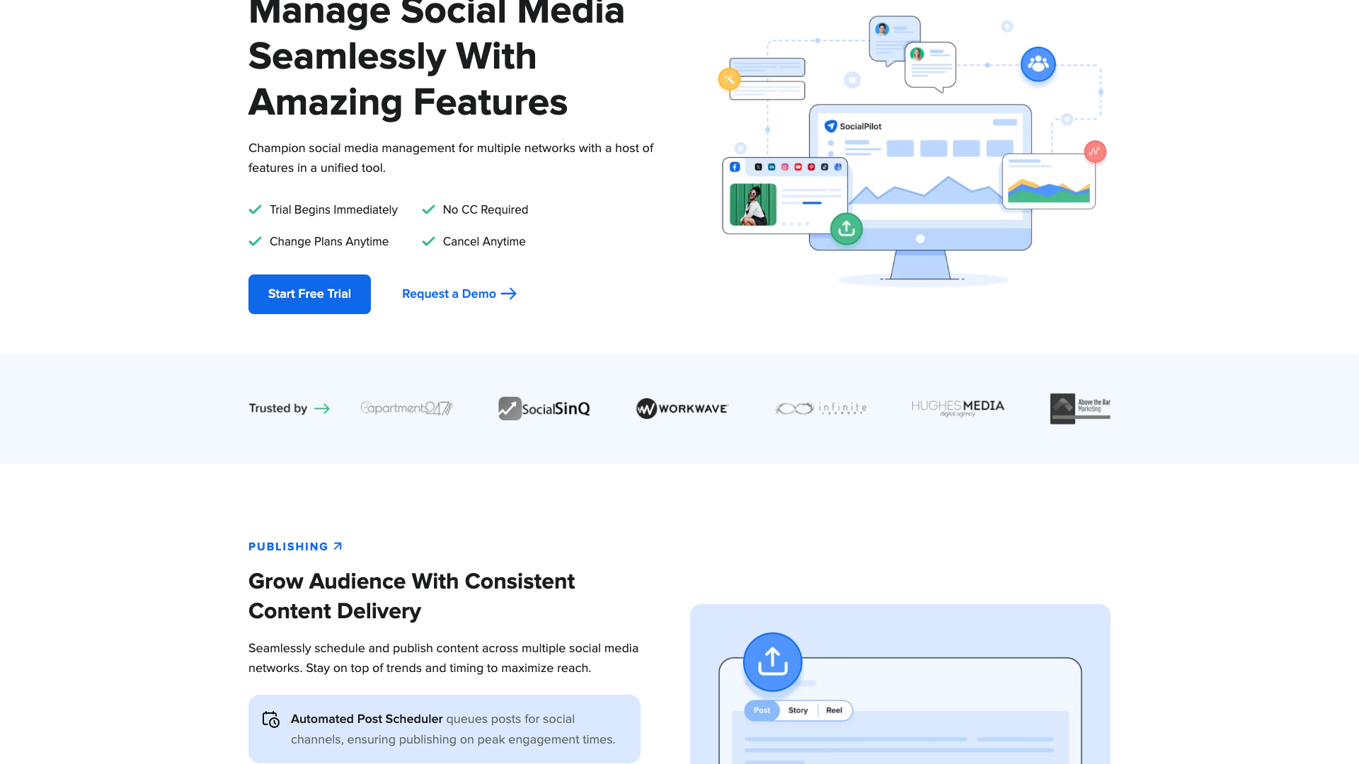 Features of SocialPilot highlighting social media management capabilities