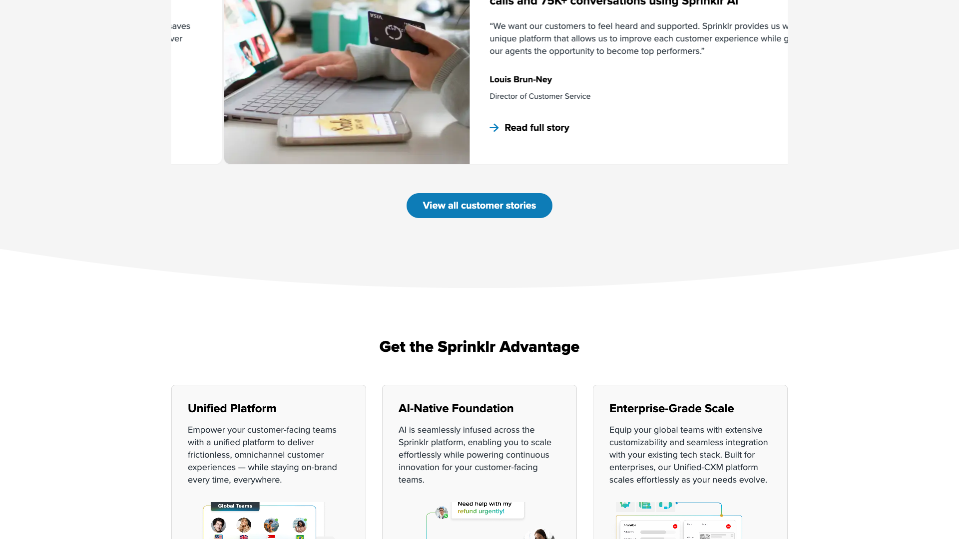 Customer stories section on homepage highlighting success stories